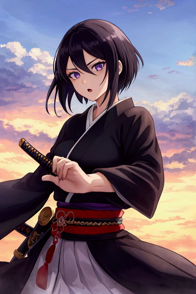 ((best quality)),((highly detailed)),masterpiece,absurdres,detailed face,beautiful face,(detailed eyes, deep eyes),1girl,((dynamic pose)) ,   Rukia, purple eyes, black hair, solo, weapon, sword, japanese clothes, day, open mouth, sky, black kimono, hair between eyes, cloud, short hair, kimono, outdoors, katana, long hair, blue sky, upper body, haori