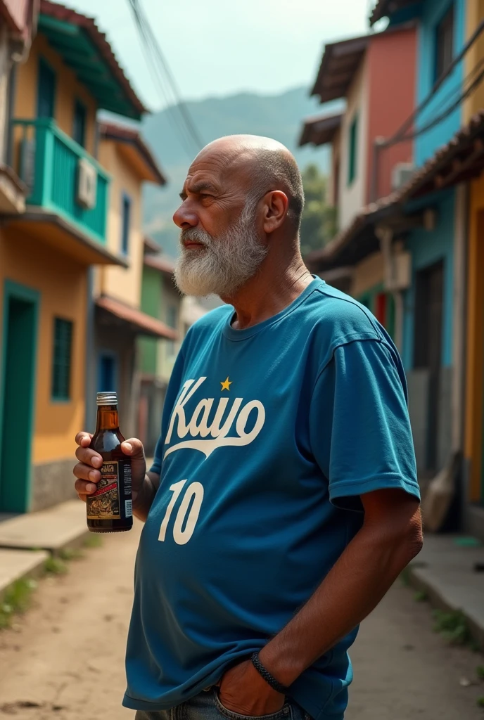 A man wearing a blue shirt with "Kaio" written on it and "10" below, holding a bottle and looking at the favela.