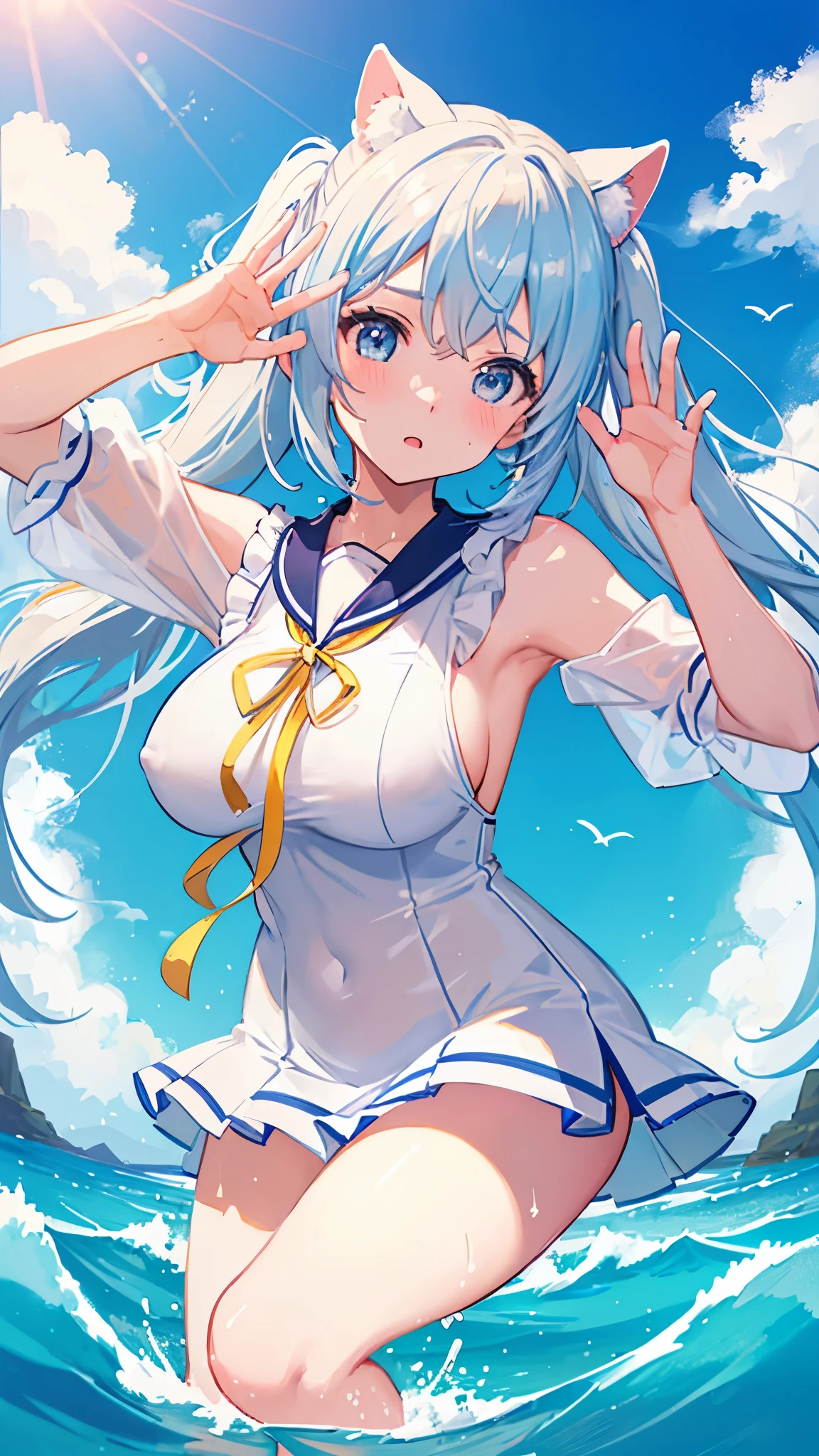 ((Highest quality)), ((masterpiece)), (detailed), high school girl、Light blue twin tails、Beach、Sunny summer、Slightly backlit、Wet sailor suit、mini skirt、Big thighs、Big Breasts、Nipples erect、Sexy pose、looking at the camera、Embarrassed expression、Sweat a lot