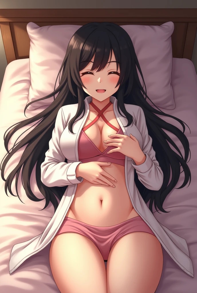 Kamado nezuko in a bed showing her vagina using her hands