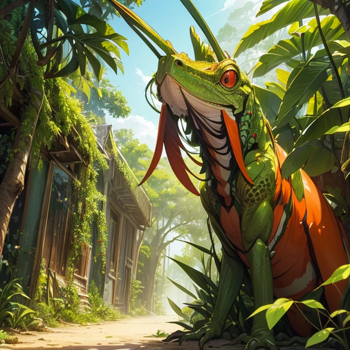 High Resolution, Anime, Character Design, Digital Art, HD, Best Quality, Masterpiece, Super Detailed, high fantasy,
{{creature: green praying mantis with iguana head and face(red jungle trees, orange sandy road, morning day))}}