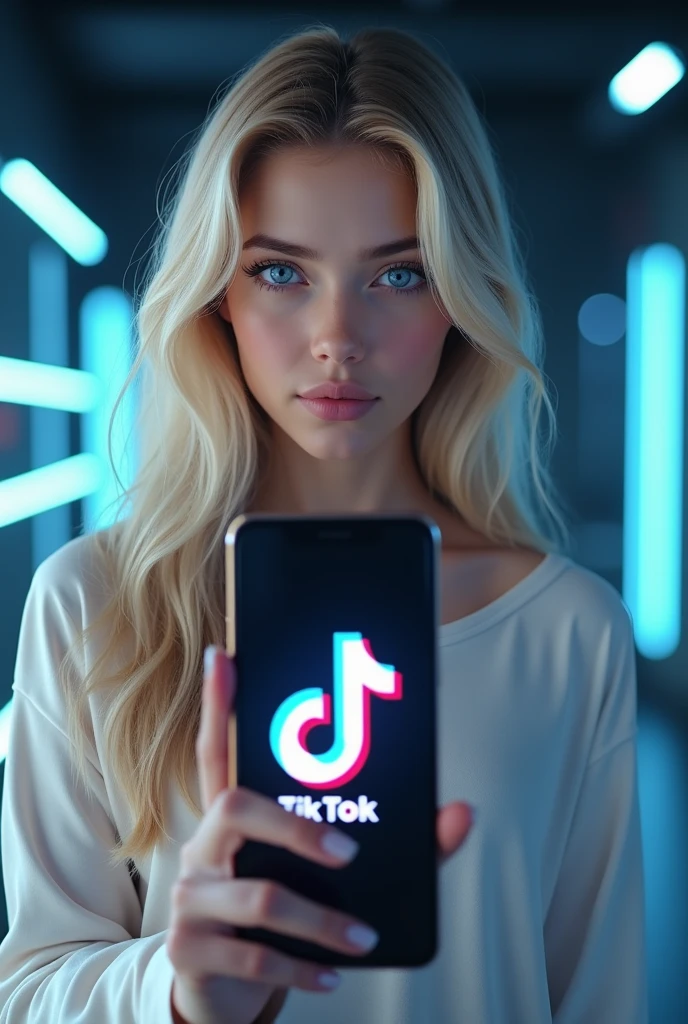 Likesoar.com a blue-eyed girl with blonde hair showing her brand and the tiktok logo on her phone