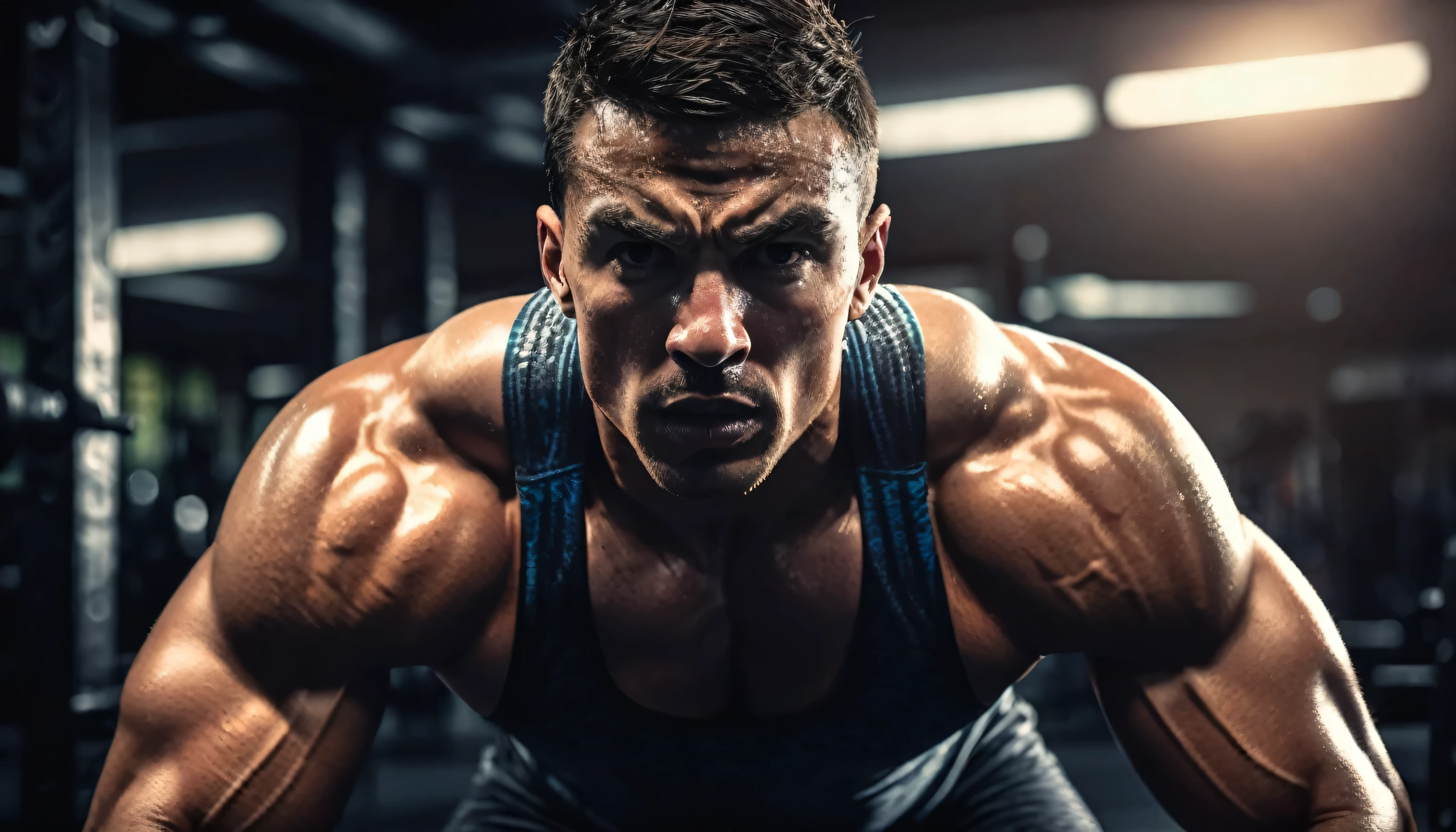 a determined athlete, sweat glistening on their determined face, pushing their limits during a grueling workout, muscular physique, intense expression, dynamic pose, high contrast lighting, muted color palette, cinematic composition, photorealistic, (best quality,4k,8k,highres,masterpiece:1.2),ultra-detailed,(realistic,photorealistic,photo-realistic:1.37),cinematic lighting,dramatic shadows,sharpfocus,physically-based rendering,extreme detail description,professional,vivid colors