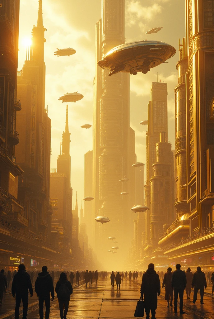 A golden and very technological city, with several ships flying in the skies but there are some beggars on the streets