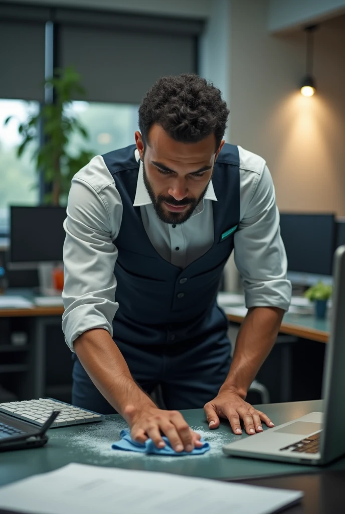 Un employé noir du nettoyage entrain de nettoyer un bureau.