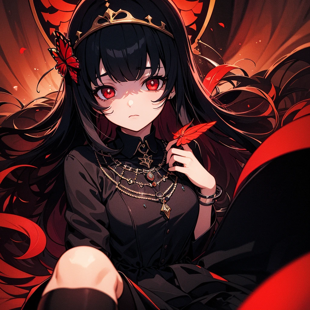 Expressionless,,(Dark Fantasy),((Wonderful Illustration)),(Detail Splash), long black hair, red pupils, girl, pure black dress, only the collar, cuffs and skirt are dark red, ears Pinned to the side is a red butterfly barrette, masterpiece, best quality, high quality, headpiece,, red and black crystal necklace, black knee socks