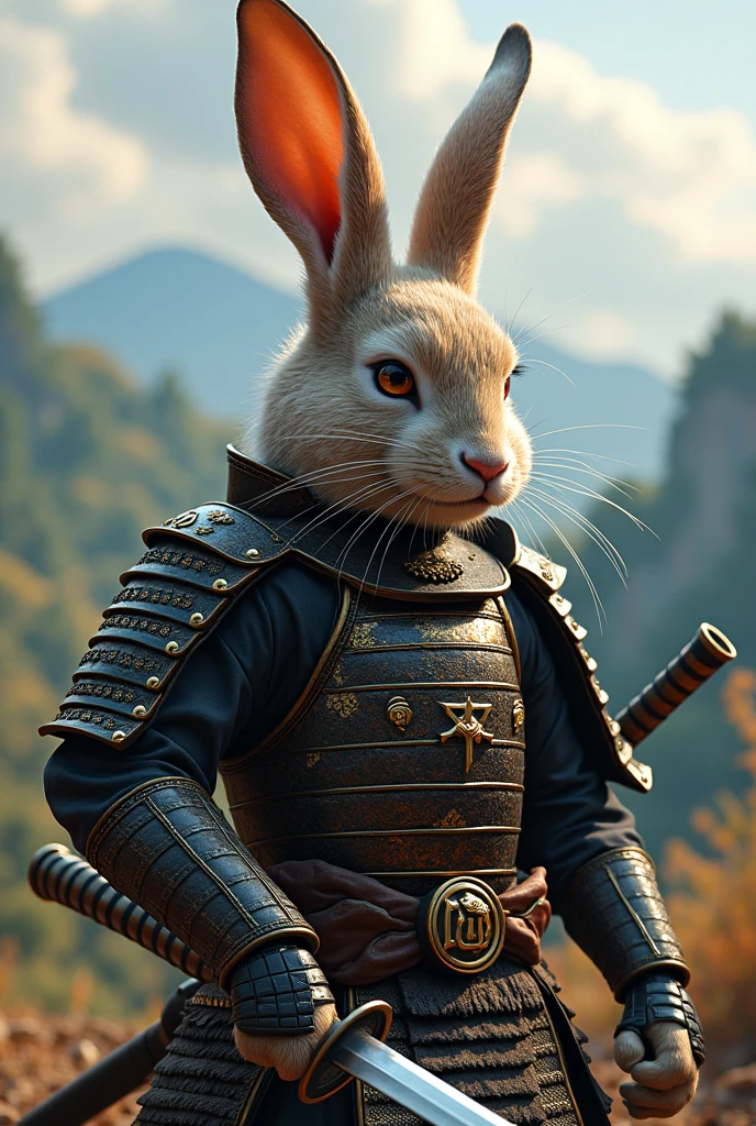 Samurai Rabbit: a rabbit in traditional Japanese samurai armor with a katana