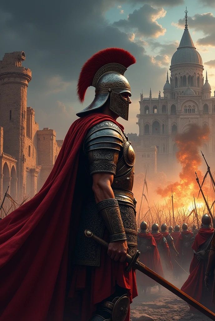 a drawing of a man in a helmet and armor, invading army background, background of invading army, the fall of constantinople, the night war rages behind him, by Andrzej Wróblewski, defending the vast looming city, background: battle scene, leaving for battle, battle for whiterun city, ruined empire on the background, HD, HDR, 4K, 8K, BEST QUALITY, PERSIAN WARRIOR, SASANIAN