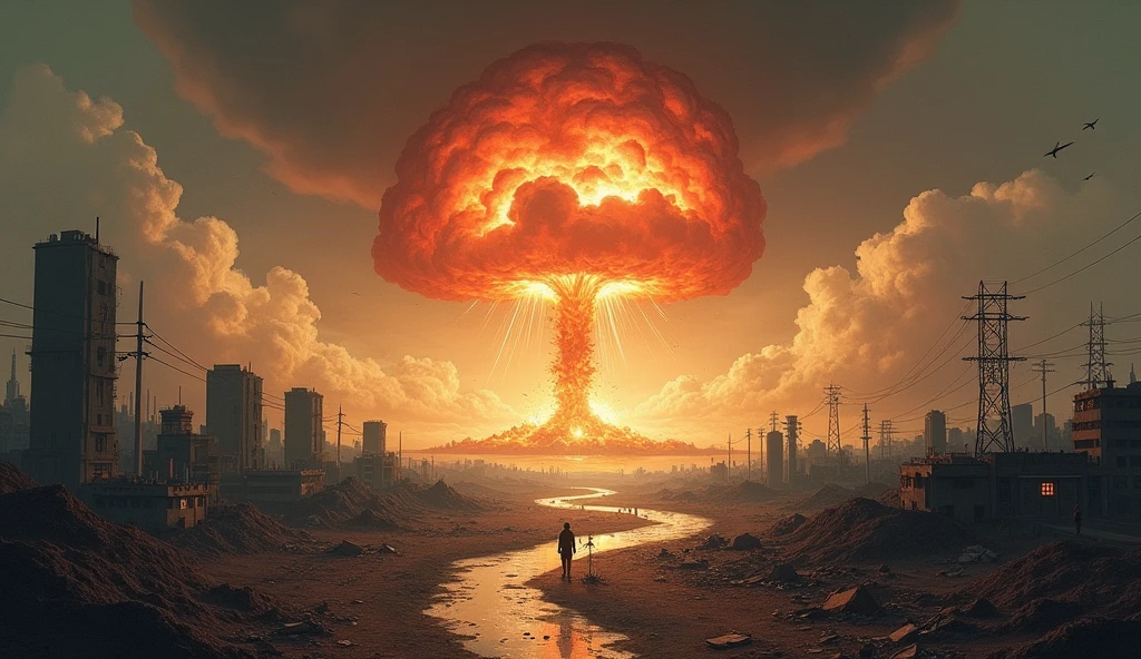 Create a poster design in landscape orientation on "Nuclear weapons are a disaster on Earth" simple, drawing for 9th grade students. Show a few bomb strikes, explosions, destruction and poverty