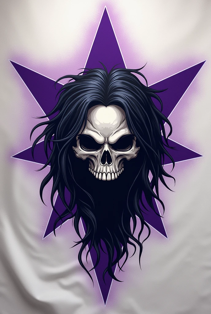 A flag with a purple star with a black-haired skull