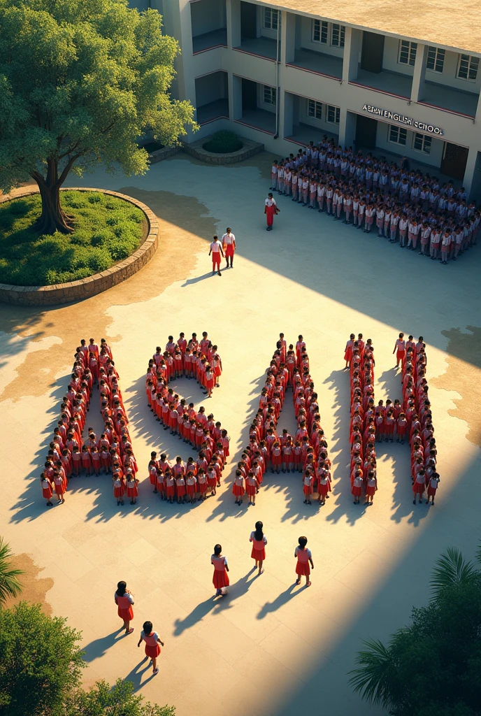 Create an aerial view image of a school ground where students are standing in an organized manner, forming the letters 'A S B A H' with their bodies. The scene should be set during a school event, possibly an Independence Day celebration, with students in uniform. The background should include a school building with a visible sign reading 'ASBAH ENGLISH SCHOOL,' a mini garden, and a large tree. The atmosphere should feel vibrant and festive, reflecting the spirit of the celebration."