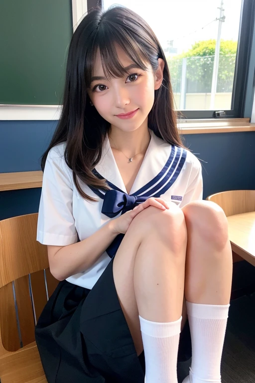 ((Highest quality)), ((masterpiece)), (detailed), High resolution、32K、Live Action、Genuine、Actual product、Genuine、Genuine、Professional Lighting、spotlight on faceを当てるを当てる、The best beautiful girl、とにかくcute、Face similar to Haruka Fukuhara、日本一cute女子高生、smooth semi-long hair、Shiny black hair、Small face、Fair skin、Big eyes、double eyelid、Long eyelashes、Tear bags、Glowing black eyes、Blushed、skinny、Thin neck、Thin arms、Narrow shoulders、uniform、Short-sleeved sailor uniform、White Sailor Suit、Navy blue pleated mini skirt、White socks、black loafer shoes、Translucent white skin、Small breasts、Small breasts, cup、smile、cuteおしり、Beautiful legs、night classroom、dim、shy、cute、Similar to Haruka Fukuhara、spotlight on faceを当てる、Well-formed face、Watery eye、thin、cute、beauty、Adorable、、Soft Skin、spotlight on face、Small breasts、I want to hug you、、half 、so beautiful、Ponytails look great、slim and beautiful legs、White socks、Lighting illuminates the face、Sparkling eyes、White socks、
