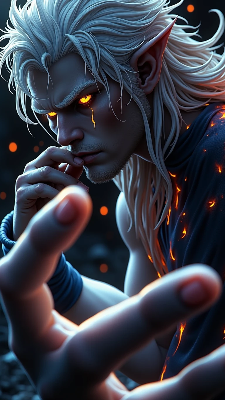 Lúcifer with blue eyes in the fire with his hand on his face, fire eyes, fire hot stare, fire-yellow-eyes, fire tear, with fire powers, fire clings to his skin, hot orange eyes, scary sharp fire, this character has cryokinesis, amazingly epic visuals, beautiful photorealistic imagery, emma watson as the queen of fire, 10k quality