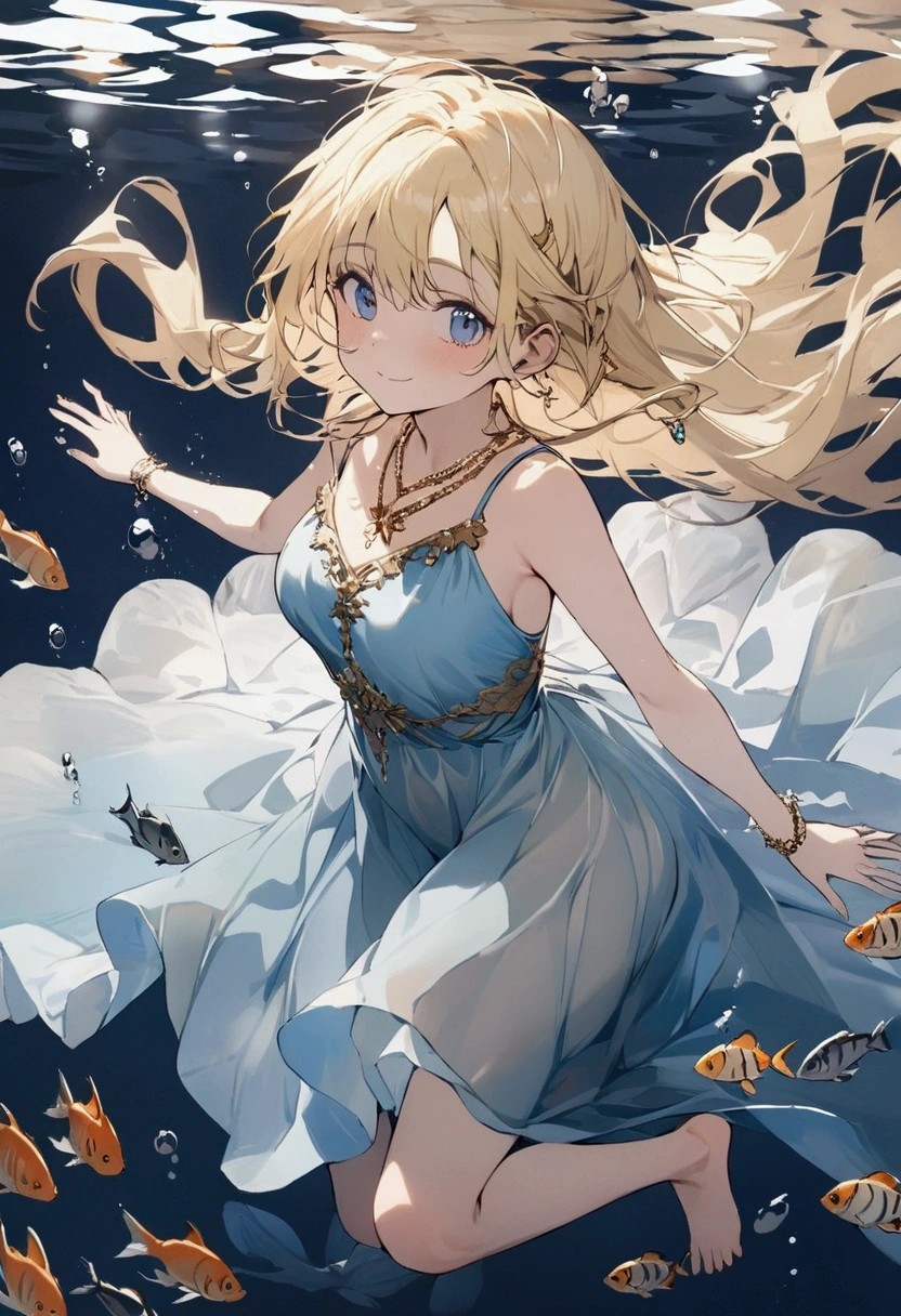 aestethic background, masterpiece, good quality, perfect quality, cute face, underwater, blonde hair, long hair, blue eyes, small smile, transparent blue dress, barefoot, fish beside her, golden necklace