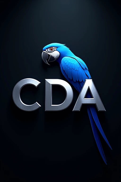 Create a 3D logo
Insert the letters "CDA"
insert a blue macaw
Insert a black background
All in silver and blue tones