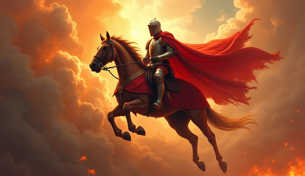 
create a Realism-style image of a knight riding a red horse and red armor closed helmet  descending from the fiery skies

change the color of armor and horse to black

change the color of armor and horse to white
