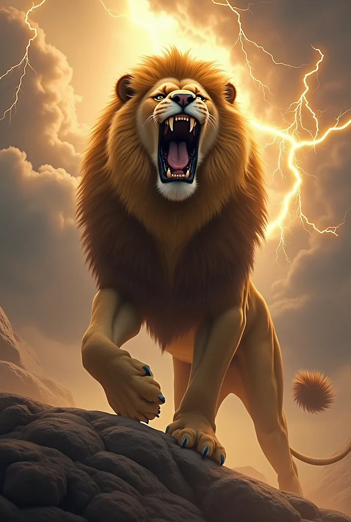 A mighty male lion baring its fangs and roaring at the enemy。Incarnation of Zeus。Symbol of power。