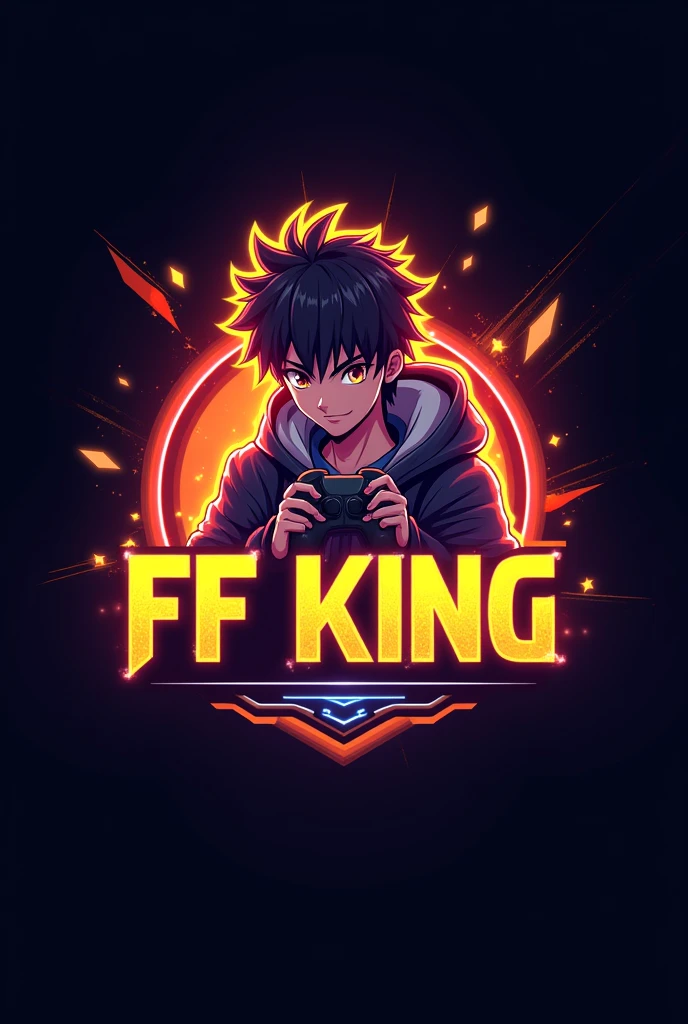 This is a gaming logo that features the name “FF KING ” in a futuristic font and a neon Golden color. and Boy Anime avtar, The logo also has a stylized controller icon . The logo is designed to be attractive and eye-catching, and to appeal to gaming enthusiasts and