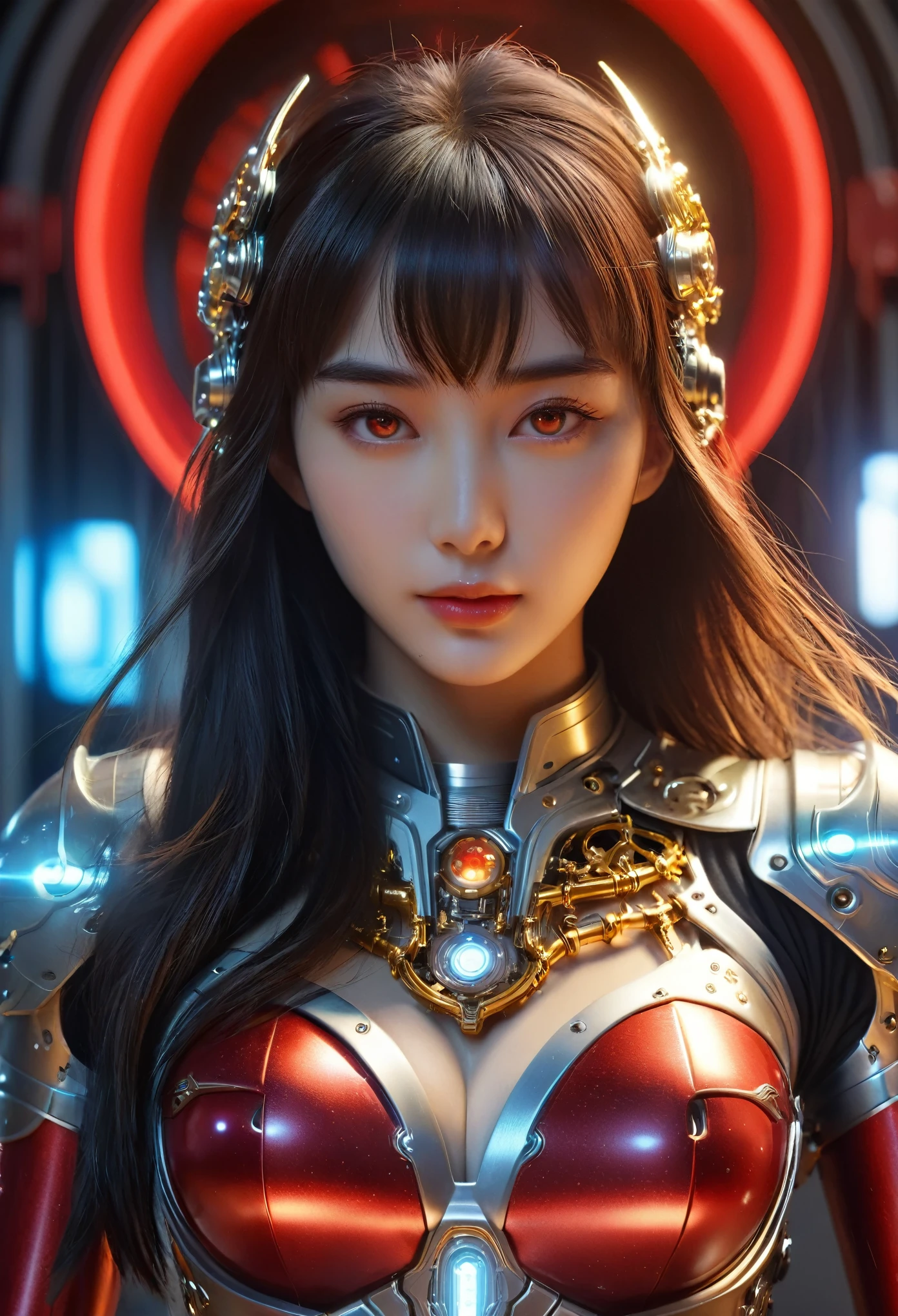 (Best Quality, 4K, 8K, High Resolution, Masterpiece: 1.2), (Super Detailed, Realistic, Photorealistic:1.37), A woman in futuristic clothing, Trending on cgstation, Trending on cgstation, (Portrait of a girl in the Knights of the Zodiac:1.4), blunt bangs, Cute Cyborg Girl, Perfect android girl, Portrait Astronaut Girl, Beautiful girl cyborg, (Girl wearing iridescent red mechanical cyber armor:1.3), Game CG, cgsociety and fenghua zhong, Beautiful Cyborg Shrine Maiden, Bioluminescence, (Yua Yaiba:0.5), (Golden eyes:1.5), Anatomically correct grip, (Sharp and long claws:1.4), erotic and sexy, black