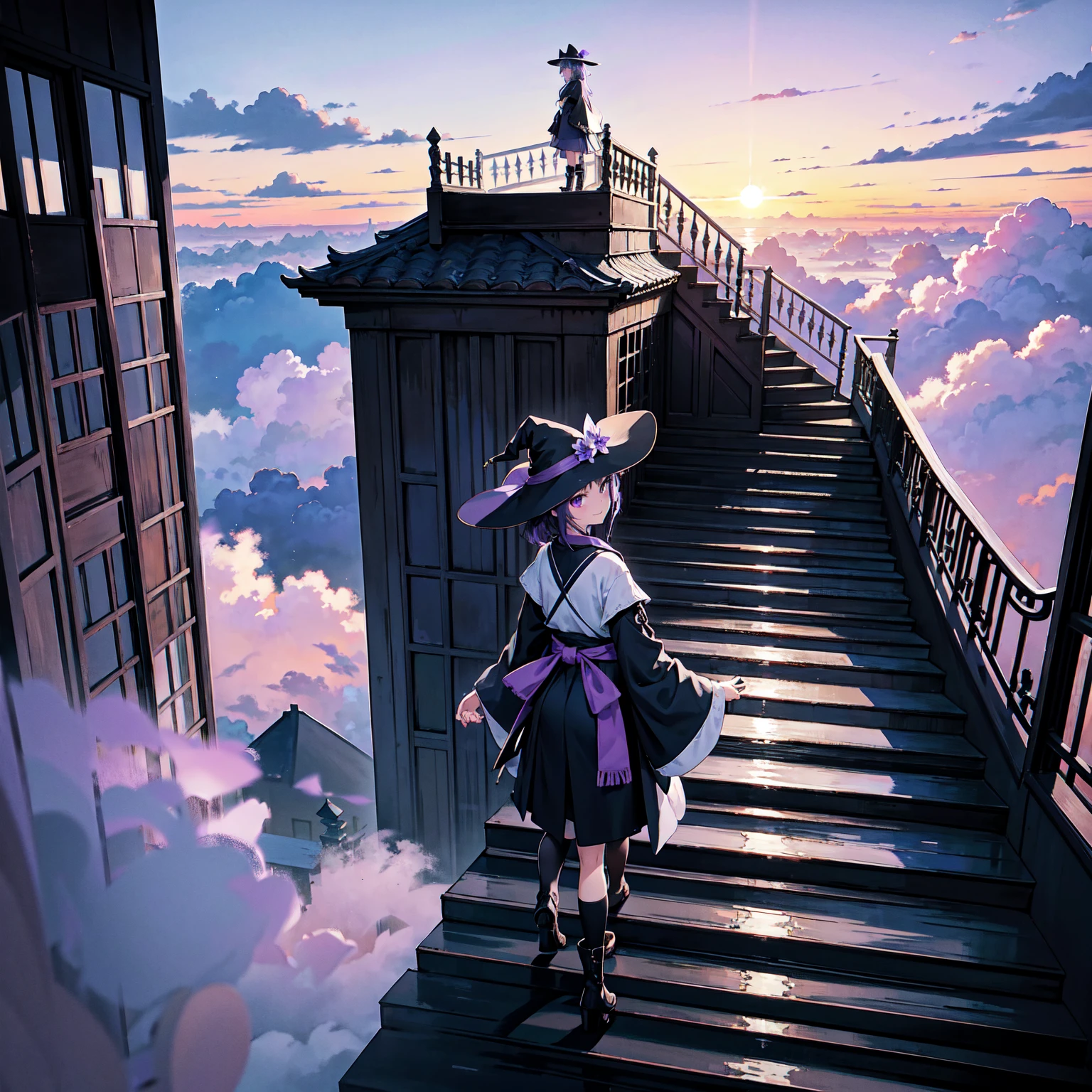 The only structure present in the painting is a simple staircase made of iron. There is no land. There are no walls. The background is nothing but stairs and clouds. A girl with long violet-purple hair. A kind, full smile. Pointy elf ears. Her clothes are simple: a black robe with wide sleeves and a black miniskirt. Her knees are showing. There is a V-shaped white insert in the front, like a kimono. A witch's hat with purple ribbons on each side. Black boots. Background, bright painting, Makoto Shinkai, only endless stairs, stairs above clouds, illustration, nostalgic, vivid, bright, sunset. A maze of connected stairs. A labyrinth of stairs. Not touching land. A simple iron staircase. Decaying old staircase.