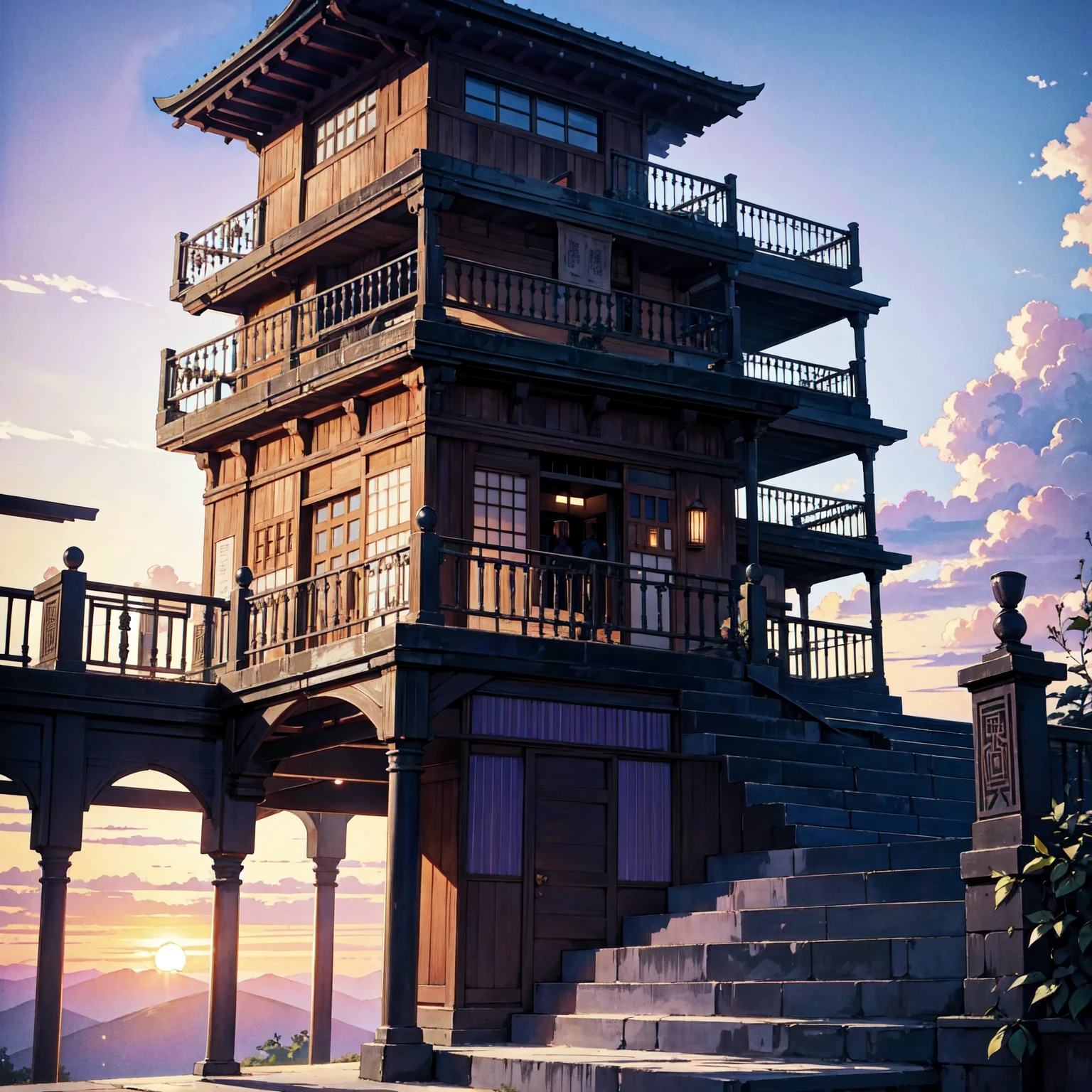 The only structure present in the painting is a simple staircase made of iron. There is no land. There are no walls. The background is nothing but stairs and clouds. A girl with long violet-purple hair. A kind, full smile. Pointy elf ears. Her clothes are simple: a black robe with wide sleeves and a black miniskirt. Her knees are showing. There is a V-shaped white insert in the front, like a kimono. A witch's hat with purple ribbons on each side. Black boots. Background, bright painting, Makoto Shinkai, only endless stairs, stairs above clouds, illustration, nostalgic, vivid, bright, sunset. A maze of connected stairs. A labyrinth of stairs. Not touching land. A simple iron staircase. Decaying old staircase.
