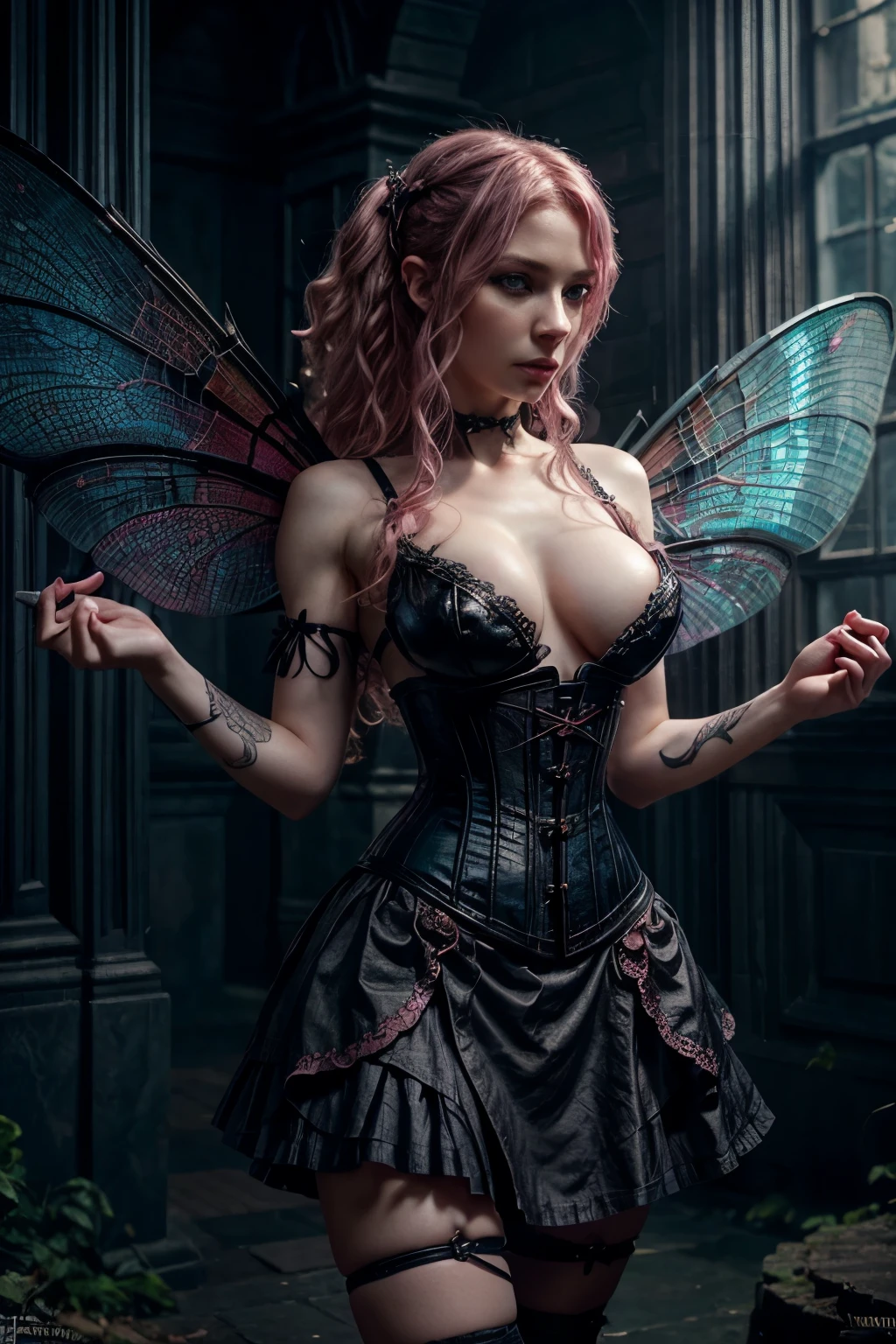 female fairy with curly pink, slightly ashy hair, pale skin color, Blue eyes, An insult, in a black corset with straps and a skirt, dark fantasy character design, epic exquisite character art, dark fantasy art, with Freya Allan's appearance, dark fairy full view, Amazing character art. Dragonfly wings, playing with bull's testicles