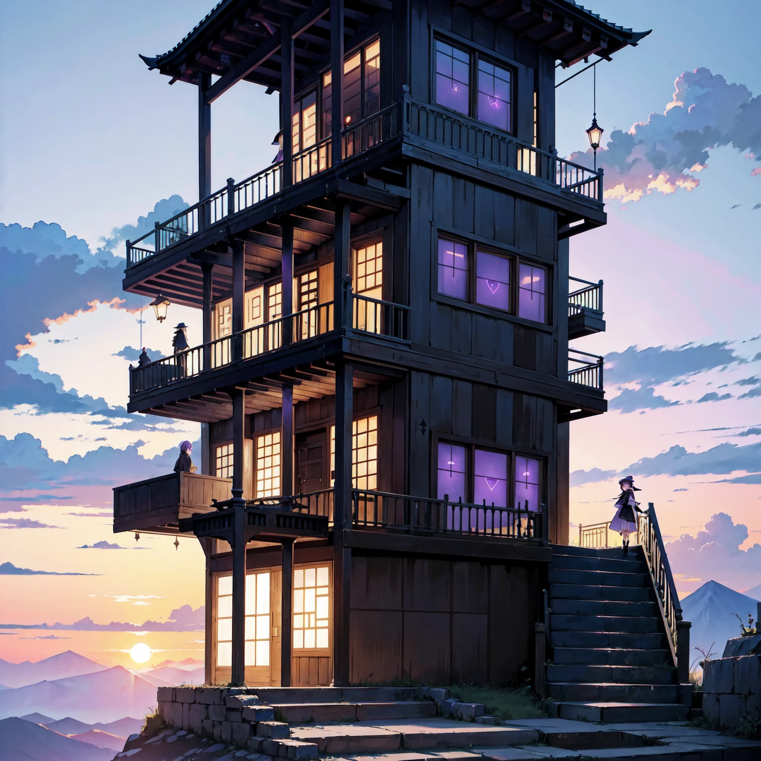 The only structure present in the painting is a simple staircase made of iron. There is no land. There are no walls. The background is nothing but stairs and clouds. A girl with long violet-purple hair. A kind, full smile. Pointy elf ears. Her clothes are simple: a black robe with wide sleeves and a black miniskirt. Her knees are showing. There is a V-shaped white insert in the front, like a kimono. A witch's hat with purple ribbons on each side. Black boots. Background, bright painting, Makoto Shinkai, only endless stairs, stairs above clouds, illustration, nostalgic, vivid, bright, sunset. A maze of connected stairs. A labyrinth of stairs. Not touching land. A simple iron staircase. Decaying old staircase.