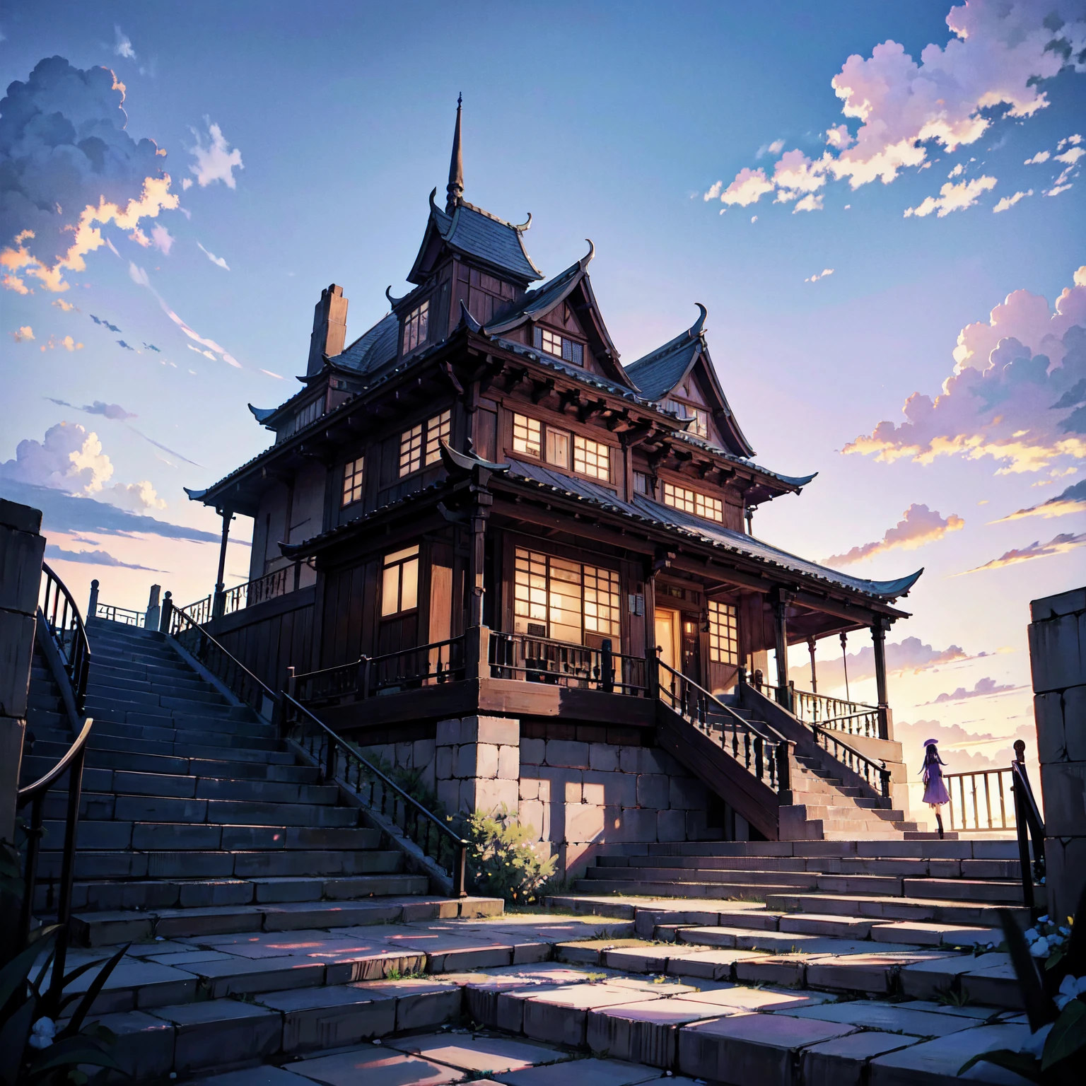 The only structure present in the painting is a simple staircase made of iron. There is no land. There are no walls. The background is nothing but stairs and clouds. A girl with long violet-purple hair. A kind, full smile. Pointy elf ears. Her clothes are simple: a black robe with wide sleeves and a black miniskirt. Her knees are showing. There is a V-shaped white insert in the front, like a kimono. A witch's hat with purple ribbons on each side. Black boots. Background, bright painting, Makoto Shinkai, only endless stairs, stairs above clouds, illustration, nostalgic, vivid, bright, sunset. A maze of connected stairs. A labyrinth of stairs. Not touching land. A simple iron staircase. Decaying old staircase.