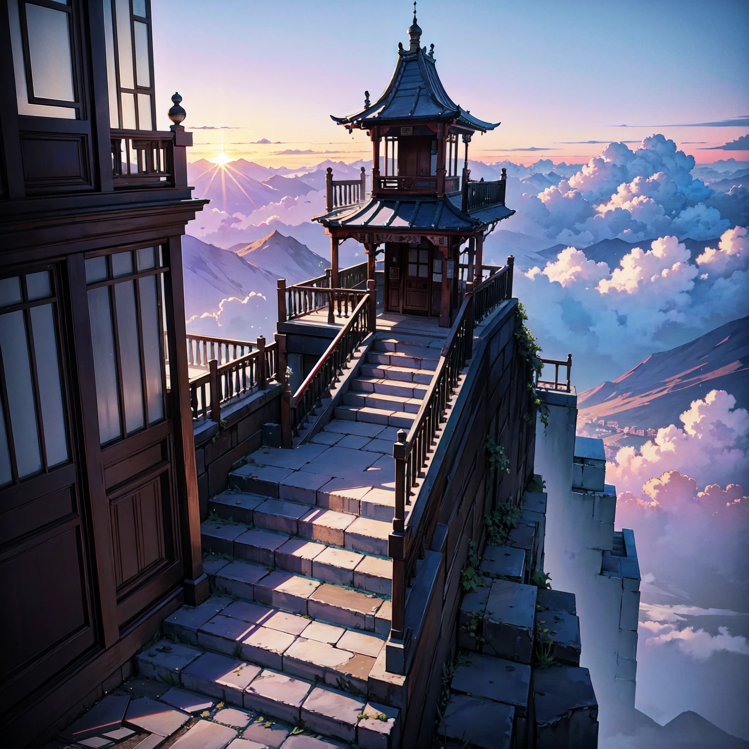 The only structure present in the painting is a simple staircase made of iron. There is no land. There are no walls. The background is nothing but stairs and clouds. A girl with long violet-purple hair. A kind, full smile. Pointy elf ears. Her clothes are simple: a black robe with wide sleeves and a black miniskirt. Her knees are showing. There is a V-shaped white insert in the front, like a kimono. A witch's hat with purple ribbons on each side. Black boots. Background, bright painting, Makoto Shinkai, only endless stairs, stairs above clouds, illustration, nostalgic, vivid, bright, sunset. A maze of connected stairs. A labyrinth of stairs. Not touching land. A simple iron staircase. Decaying old staircase.