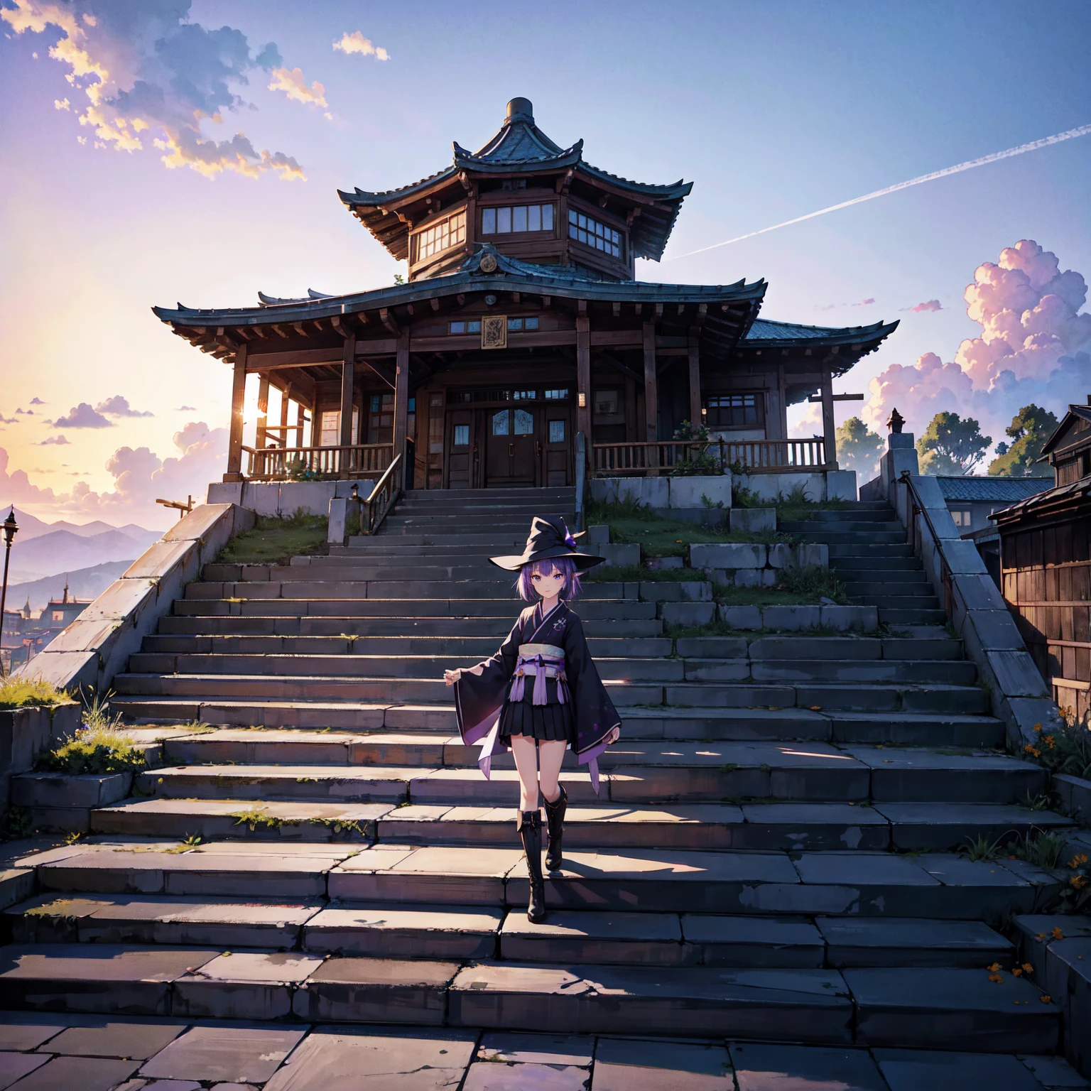 The only structure present in the painting is a simple staircase made of iron. There is no land. There are no walls. The background is nothing but stairs and clouds. A girl with long violet-purple hair. A kind, full smile. Pointy elf ears. Her clothes are simple: a black robe with wide sleeves and a black miniskirt. Her knees are showing. There is a V-shaped white insert in the front, like a kimono. A witch's hat with purple ribbons on each side. Black boots. Background, bright painting, Makoto Shinkai, only endless stairs, stairs above clouds, illustration, nostalgic, vivid, bright, sunset. A maze of connected stairs. A labyrinth of stairs. Not touching land. A simple iron staircase. Decaying old staircase.