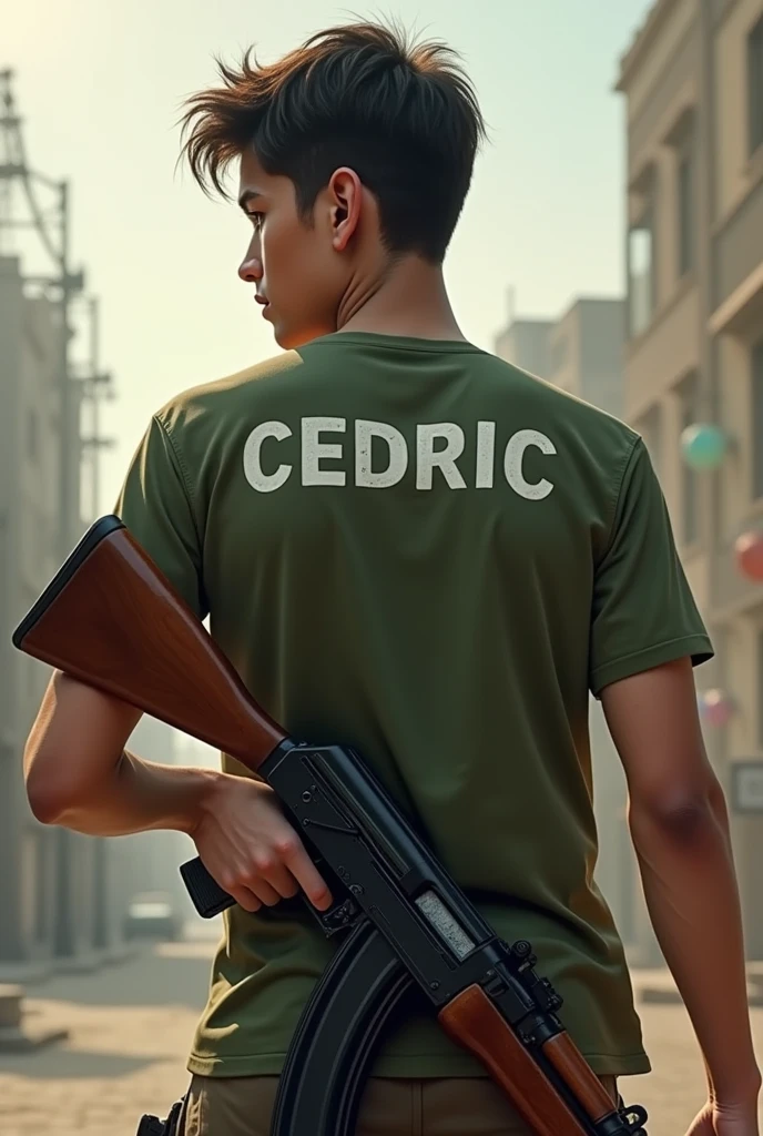 A young man is wearing a army green t-shirt named "CEDRIC"au dos et tenant un AK47