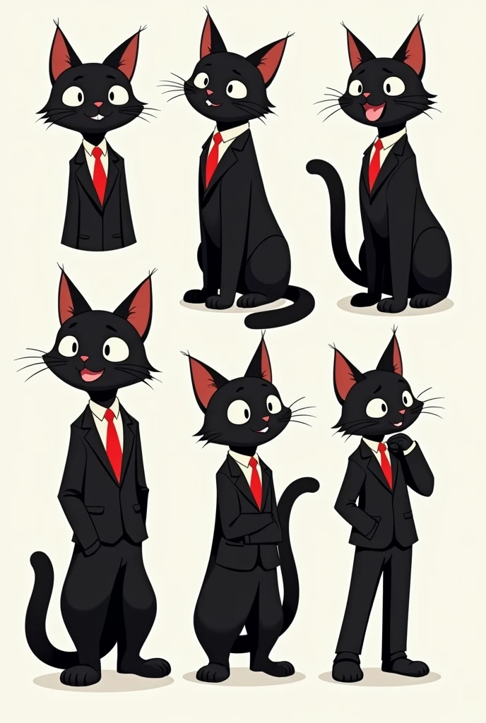 Create a black cat wearing a black suit, black dress shoes, and a red tie., he will have a body like a human but being a cat, Do it in different positions, Make it stylish digital art and minimal design., Leave it with more positions, make positions like thoughtful, enlightened, convinced, talking, make the eyes and mouth open and facade., make his pupils more friendly