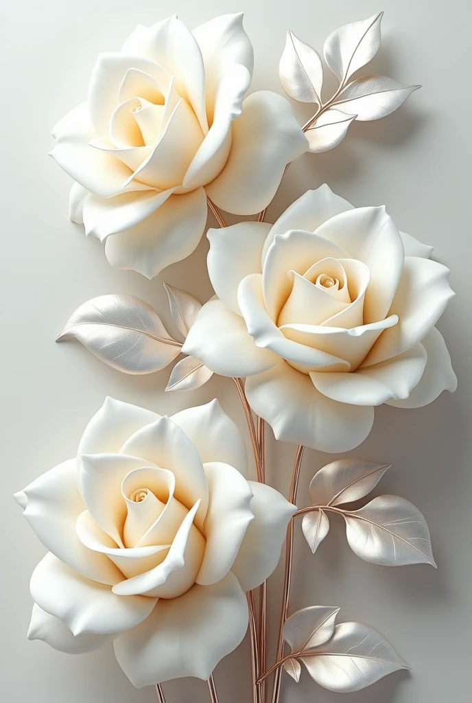 a highly detailed and intricate 3D illustration of white roses with metallic leaves, elegant official artistic aesthetic, ultra high definition, photorealistic, masterpiece