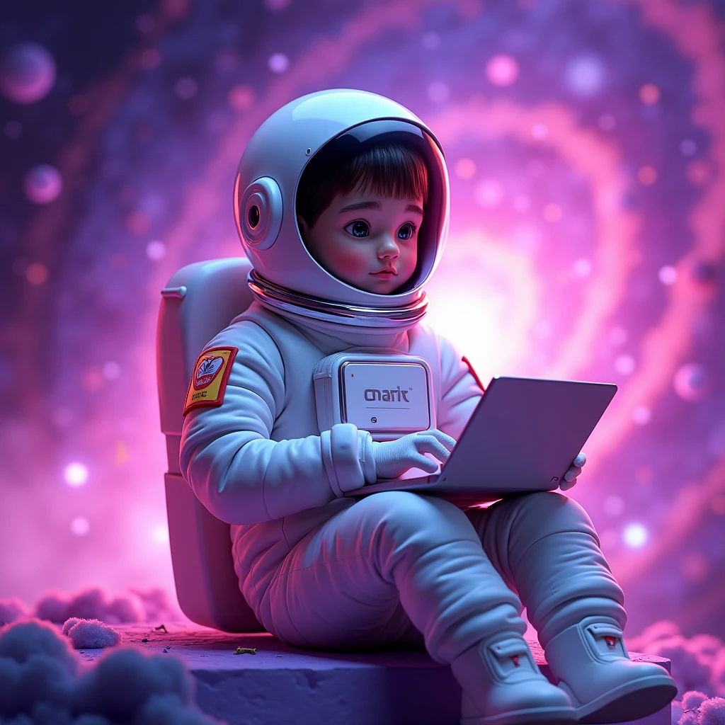 full zoom clean sitting pose of a little human astronaut avatar of social media influencer working with social media engaging speaker with purple background  in galaxy