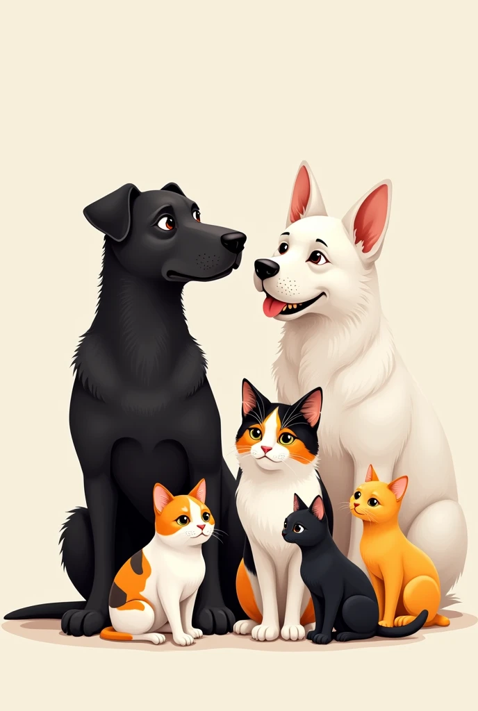 a medium sized black dog, a white dog, furry, small in size, a tricolored cat, a black cat and a yellow and white cat