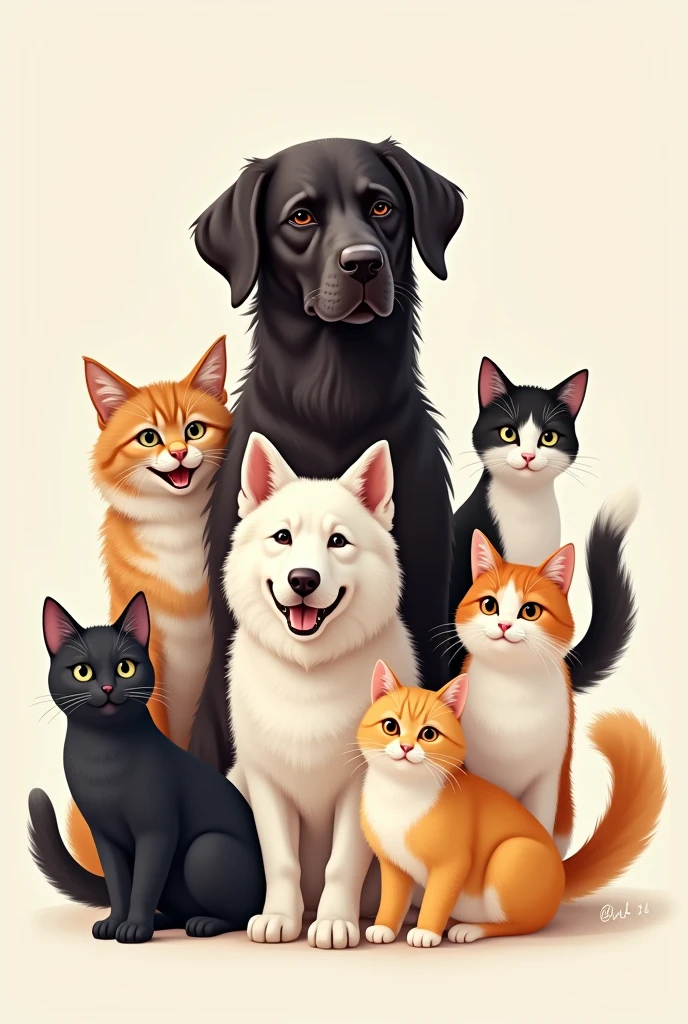 a medium sized black dog, a white dog, furry, small in size, a tricolored cat, a black cat and a yellow and white cat