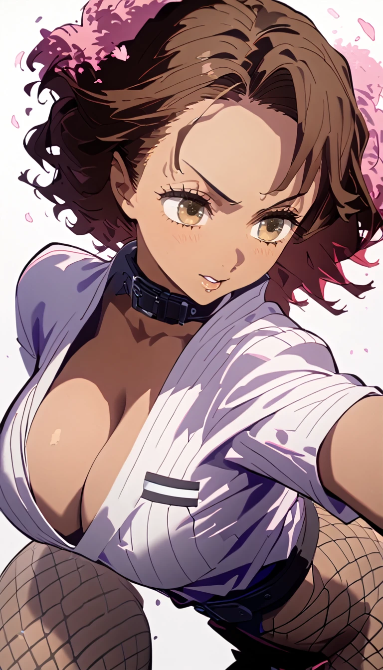 absurdres, High resolution, Super detailed, (1 girl:1.2), (Dark Brown skin:1.4), abs,unity 8k wallpaper,woman, dynamism,forward leaning posture、profile、The cleavage of the chest is visible through the collar of the T-shirt、cherry blossoms、kimono、well-developed abs,(white background:2.0)、absurdres, highres, ultra detailed, (1 girl:1.2),huge breasts, (dark tan skin:1.4), abs:1.25,unity 8k wallpaper,a woman, fishnet stockings,Dynamism,cinematic shot, intricate details, (dramatic shadows:1.2), (vivid color palette:1.2), body twisting, seductive pose,bright lighting, spread legs,navels,Bare shirts, 