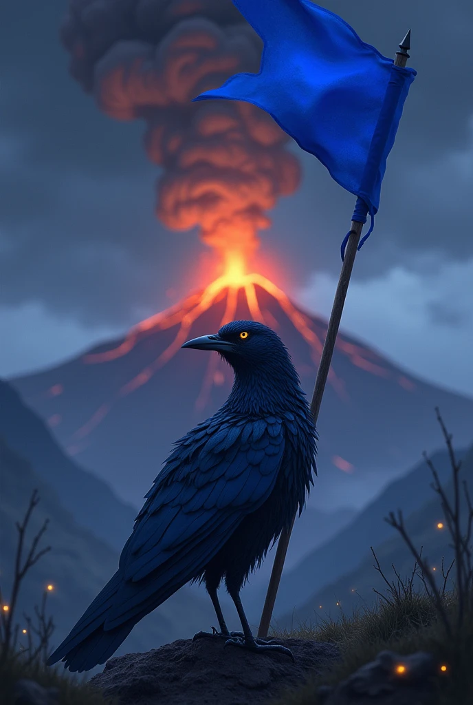 Blackbird zanate, using a blue flag, White and blue, watching a landscape of an active volcano, at night. 