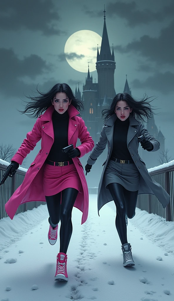 Two girls, long black hairs, yuri, Vampire Hunters.
The first girl wear a pink long coat, black shirt, pink pencil skirt, black underpants, black tights, black gloves, adidas pink sneakers high top.
The second girl wore a grey long coat, black shirt, grey pencil skirt, black underpants, black tights, black gloves, adidas grey sneakers high top.
holding a pistol handguns, running on the long foggy bridge, the vampire castle, snowing, black grey sky, fantastic night sky, moon, cartoon novel, 4K, HD