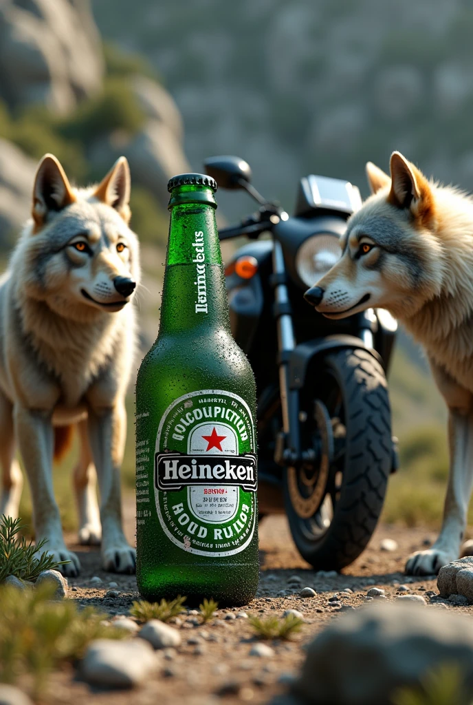 (Photorealism:1.2), wolves, heineken, motorcycle, 