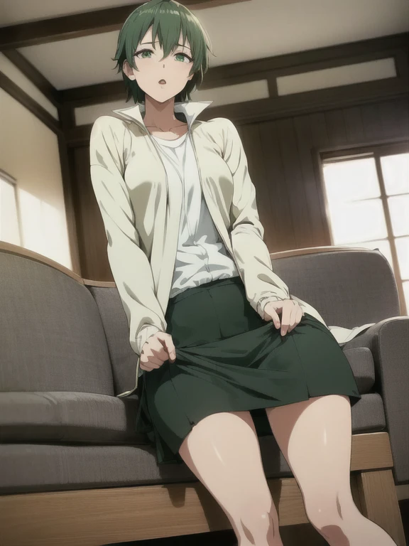 anime、Midsummer Afternoon、((living room of an old folk house))、A woman sitting alone、((Green short hair))、((White short jacket))、Black underwear、White leather tight skirt、Slender figure、White high heels、The wind is blowing、There is no one around、Sweaty、