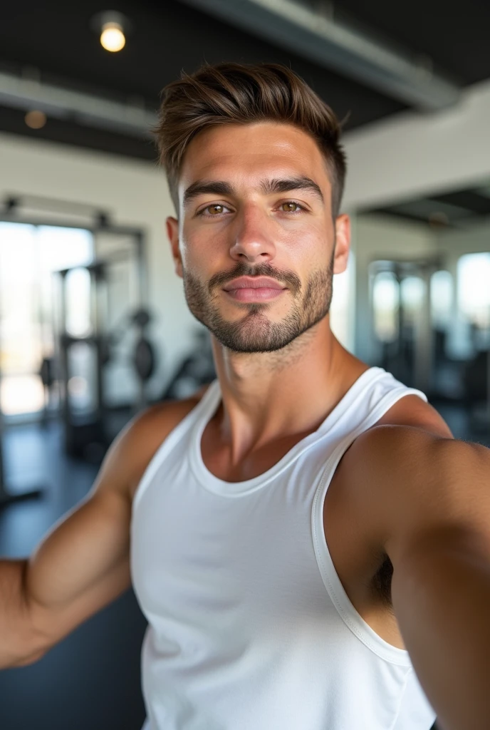 (photorealism:1.2), beautiful 30 years old man, Brown hair, fit, sweat, selfies, gym room, white shirt top
