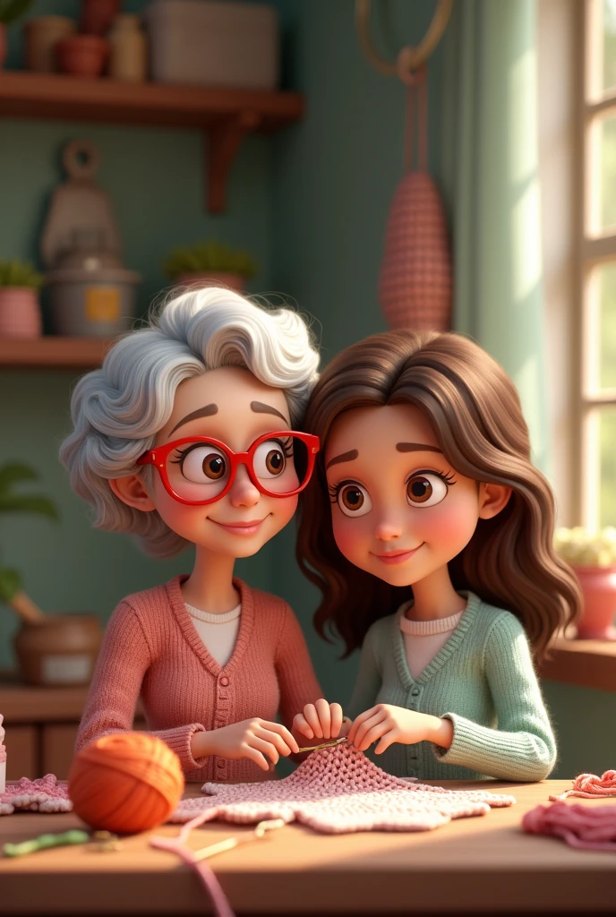 I would like to make a Logo for my and my grandmother's crochet shop , Therefore I would like the logo to have an animation of us, My grandmother has light brown skin, curly hair and wears red glasses. I am a  adult, I have long brown hair, round face and merchant eyes.
