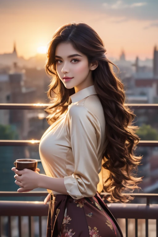 score_9,score8_up, ((head to thigh portrait)), (majestic:1.5),(uhd:1.3), (best quality,highres,masterpiece:1.2), ultra-detailed, (realistic, photorealistic, photo-realistic:1.37),Masterpiece, generate a hyper realistic image of a stunning and sensual woman, perfect natural body, slender but curvy, very detailed shinning long hair, curls hair, messy hair, very detailed brown black glossy eyes, detailed sharp nose, detailed white glistening teeth, detailed perfect symmetrical face, detailed perfect natural round medium breasts,intricate fabric rendering, Cinematic lighting, ultrarealistic, photography, long red hair, woman, 24 years old, hourglass figure, perfect body, Flirty look, natural medium breasts, blur background, ((she is standing on a balcony with a great view over the city)), it is early morning, sun is rising, she only wears a pink see-through silk robe, ((she is holding a cup of coffee in her hands)), ethereal light, intricate details, extremely detailed, incredible details, full colored, complex details), insanely detailed and intricate, hyper maximalist, extremely detailed with rich colors. masterpiece, best quality, HDR, UHD, unreal engine. Representative, fair skin, rich in details High quality, gorgeous, 8k, super detail, gorgeous light and shadow, detailed decoration, detailed lines, glitter. A breathtakingly beautiful and very young girl, exuding an air of innocence and charm. She is dressed in a collared shirt, adorned with checkered stripes, and a short skirt, part of a stunning ensemble. Her bangs gracefully frame her face, while twin braids, adding a touch of whimsy to her overall appearance. The girl's intricate and delicate linework, as well as her fine details, are a testament to the insane amount of attention given to every aspect of her illustration. Her iridescent brown hair is vividly colored and meticulously crafted, with whimsical patterns and enchanting scenes intertwined throughout.