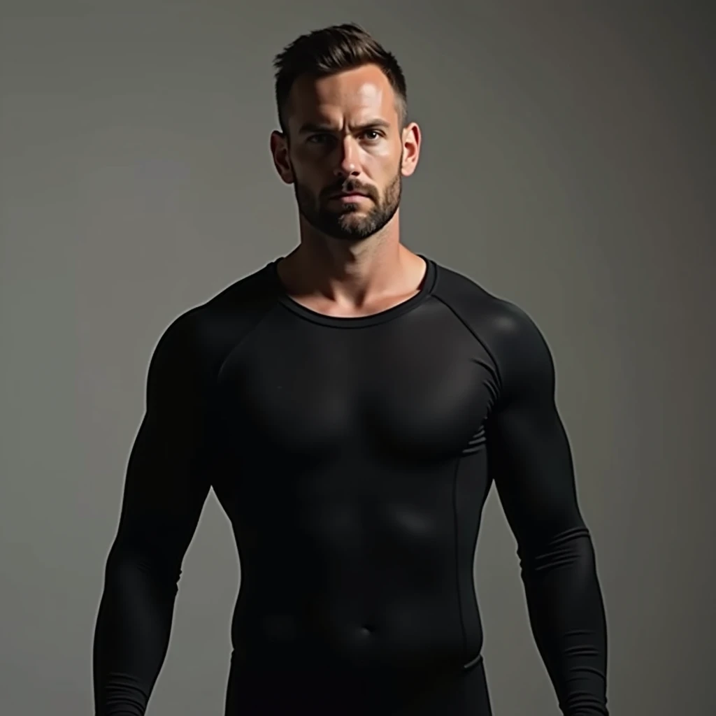 A man wearing a black bodysuit.