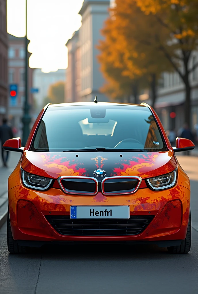 Create a BMW1 with a red orange yellow pattern and a paint job, 
The license plate says "Henfri"