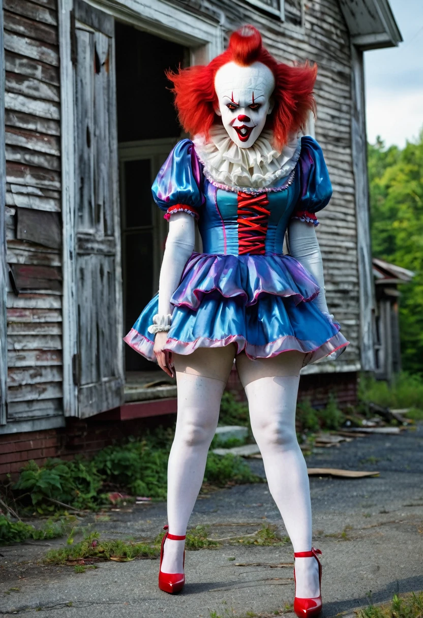 Full body shot of a female Pennywise the Clown with large breasts in a skimpy sexy outfit with red high heel shoes. Standing outside the abandoned house on Neiboldt Street in Derry Maine