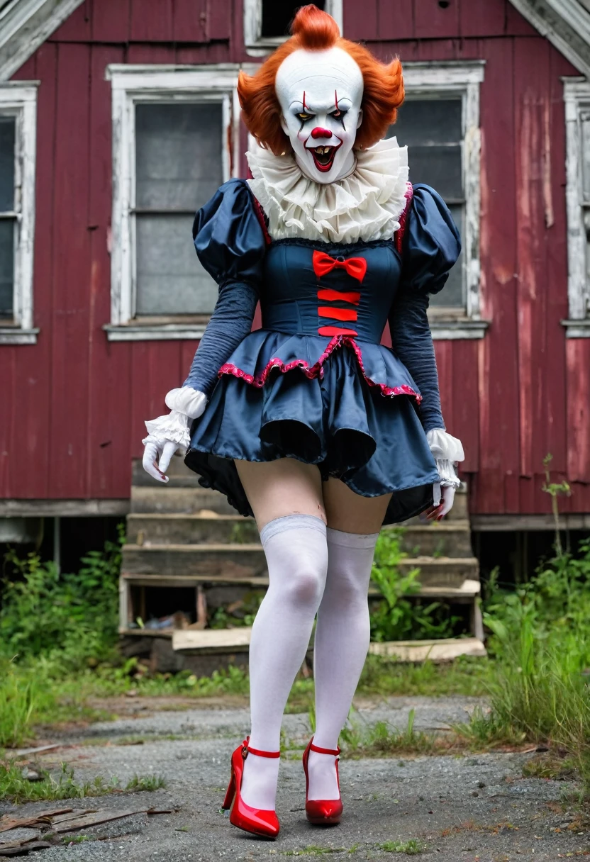 Full body shot of Anette O'Toole as Pennywise the Clown with very large breasts in a skimpy sexy outfit with red high heel shoes. Standing outside the Barrens sewer entrance in Derry Maine