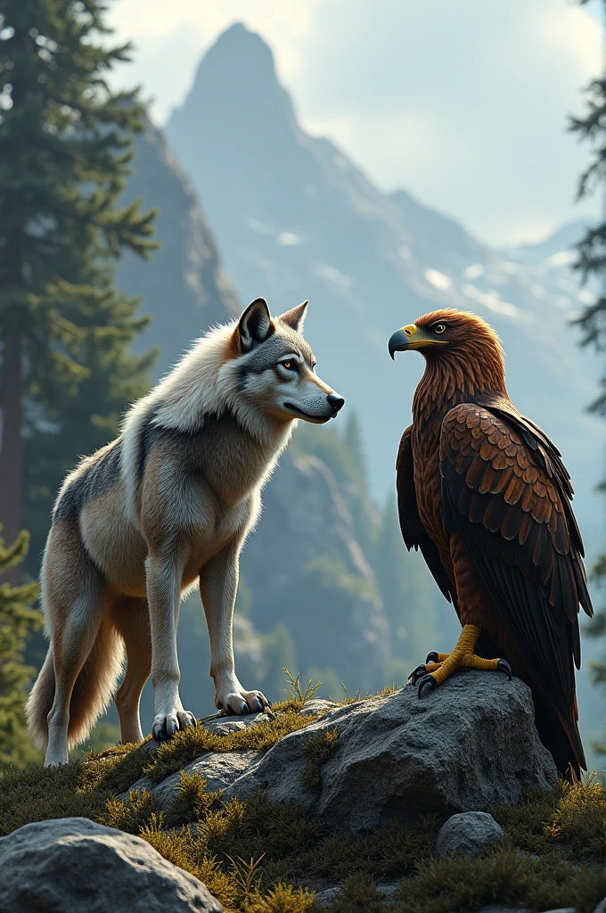A wolf next to an eagle