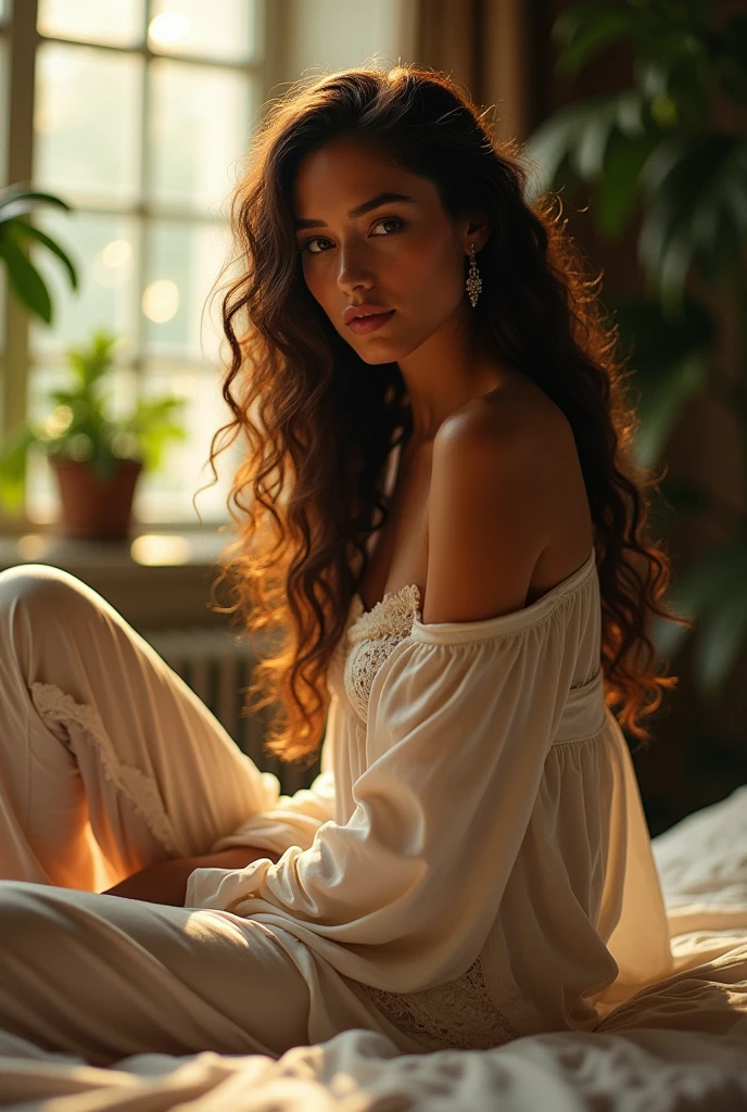 (photorealism:1.2), beautiful woman, sitting on bed, wearing loose off-shoulder top, pajama pants, long curly hair, indoors, soft lighting, plants in background, window with sunlight, cozy room, relaxed pose, realistic, intricate details, warm colors, by Greg Rutkowski, by Alphonse Mucha